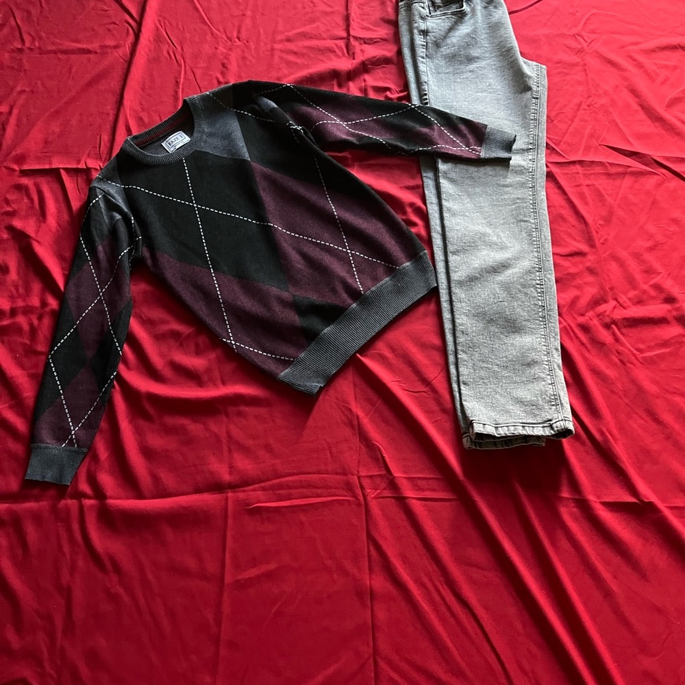 Boys  Crewneck Argyle Sweater - Black and Burgundy Jeans Black